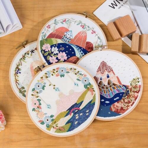 Landscape embroidery kit for beginners, handmade embroidery full kit, starter kit with instructions, DIY needle kit, embroidery