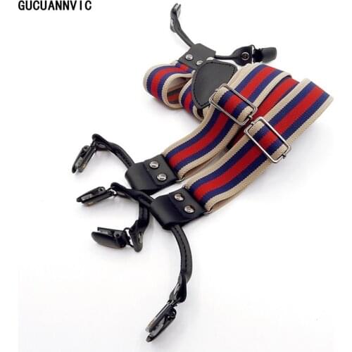 New 6 clips elastic strap leather mens suspenders british style warm colors braces men adjustable elastic Straps