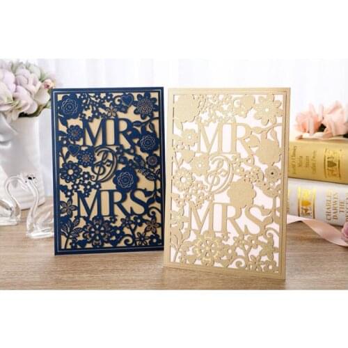 50SET/LOT Gold Blue Laser Cut "MR MRS" Invitation Card With Blank No Words Inner Card Can Printing