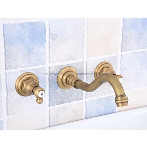 Bathroom Basin Faucet Set 3 hole Antique Brass Double Handle Wall Mounted Bathroom Sink Faucet Hot Cold Tap Nsf528