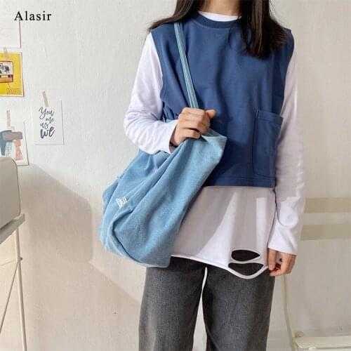 Alasir Large Capacity Belt Vest Style Canvas Bag Simple Women Casual Tote Bag 3d Lace Butterfly Decoration Denim Shoulder Bags