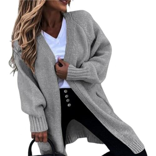 Knitting Cardigan Sweater Solid Color Two Pockets Women Cardigan Autumn Winter Mid-Length Open Front Sweater Cardigan Outerwear