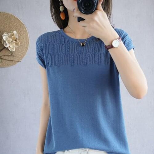 Summer Womens Sweaters Hollow Casual O-Neck Short Sleeve 100% Cotton Knitted Tops Jumper Female Pullover Thin Tees Chic T-Shirt