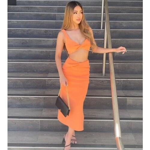 Women Summer Sexy V Neck Hollow Out White Orange Blue Split Two Piece Bodycon Bandage Set 2021 Celebrity Fashion Womens Set