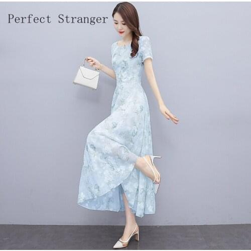 High Quality 2021 Summer Dress For Women V Collar Floral Printed Short Sleeve Women Chiffon Long Dress