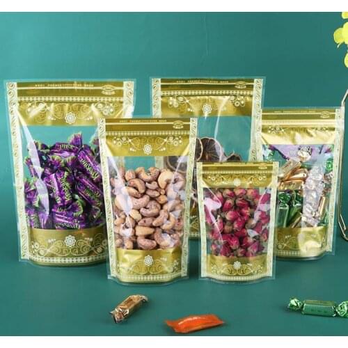 100Pcs Stand Up Pouches Gold Flower Printed Clear Plastic Zip Lock Packaging Bag Dried Fruits Tea Candy Storage Bag