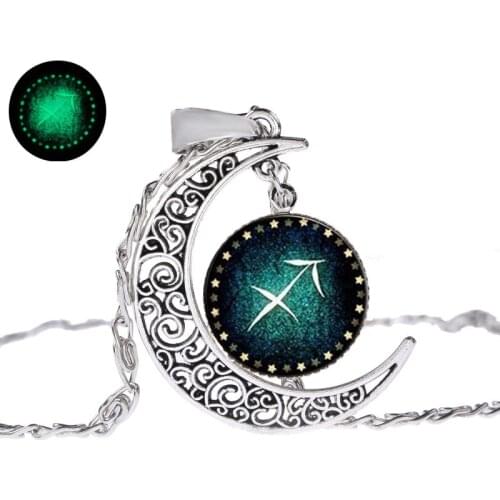 12 zodiac signs hollow pattern moon design glow glasses ball pendant necklace Sweater Chain Jewelry Gifts
