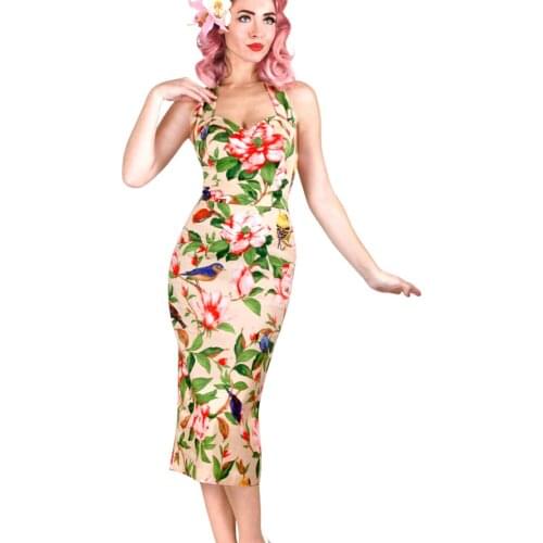 30- summer women vintage 50s camellia bird print halter wiggle pencil dress in beige pinup dresses plus size vestidos jurken