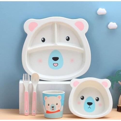 5Pcs/Set Children Tableware Cartoon Shape Anti-scald BPA Free Infant Plate Water Cup Spoon Fork Set Baby Supplies Kids Dishes