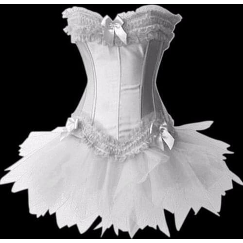 White Burlesque Lace Up Corset Bustier TUTU Skirt Lolita FANCY DRESS S-2XL