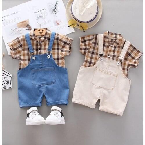 Kids Cotton Clothes Summer Baby Boy Causal Printed Plaid Shirt Bib Pants 2Pcs/Sets Infant Children Fashion Toddler Tracksuits