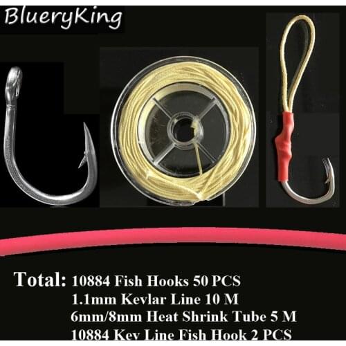 BlueKim 10884 50P Stainless Steel Jig Assist Fish Hook Jigging Assist Circle Bait Fish Hook Heat Shrink Tube Kevlar Fishing Line