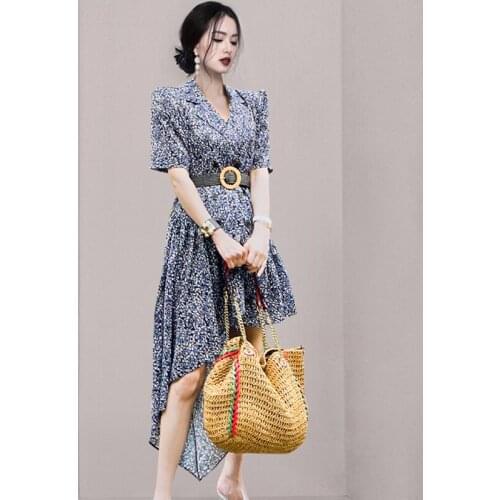 Summer Women Floral Print Boho Asymmetry Dress Casual Notched Short Sleeve Sexy Party Dress Robe Femme With Sashes