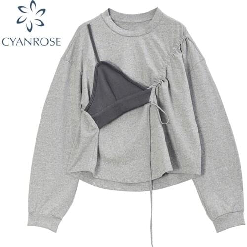 Fashion Long Sleeve Hoodless Hoodies Women 2021 Autumn Patchwork Fake Two-Piece Sling Design Oversize Sweatshirt Pullover Top