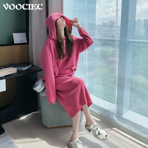 VOOCIEC 2020 Sweet series Autumn and winter Warm knit suit Pink Hoodie sweater Loose style two piece set