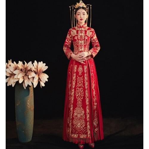 Embroidery Golden Red Chinese Traditional Wedding Couple Cheongsam Dress Refined Banquet Stylish Elegant Bride китайская одежда