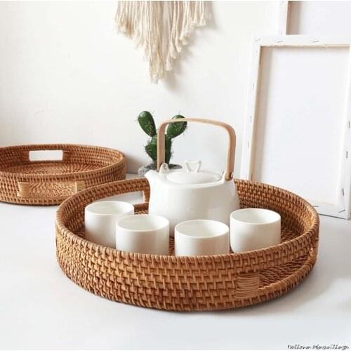 Rattan Hand Woven Round High Wall Serving Tray Food Storage Platters Plate with Handles for Breakfast Drinks Snack for Coffee
