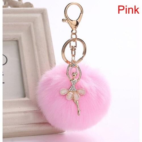 Crystal Ballet Dancing Girl Keyring Golden Pompom Angel Fluffy Plush Puff Ball Pendants Keychains For Car Bag Jewelry