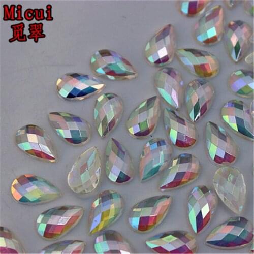 Micui 200pcs 6*10mm Acrylic Rhinestones AB Transparent Drop Flatback Sewing Crystal 2 Holes For Wedding Dress Garment ZZ323