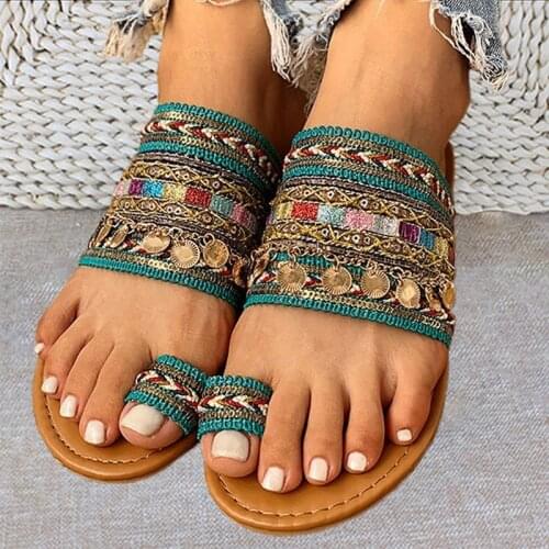 Ladies Sandals Summer Casual Greek Style Womens Slippers Ethnic Soft Flat Breathable Anti-Skid Cozy Beach Female Sandals Green