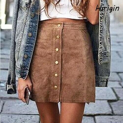 2020 sumemr women A line Skirts High Waist Button Suede Leather Skirts Pocket Preppy Short Mini Skirts solid fashion short dress