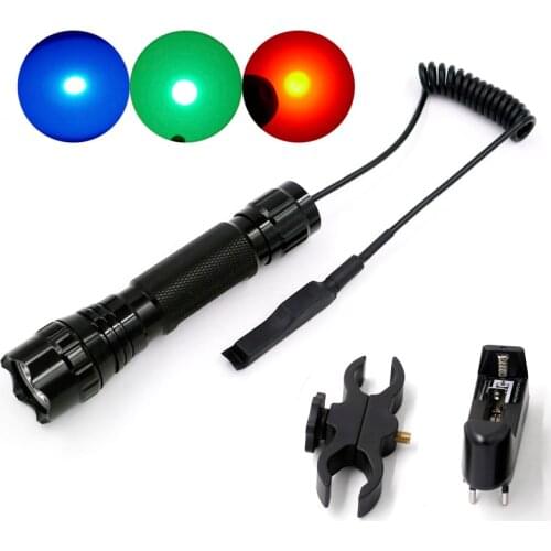 WF-501B Hunting LED Flashlight Green/Blue/Red Lighting On/Off Mode Lantern Scope Mount Remote Switch Charger