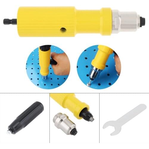 Yellow Hard Metal Electric Riveting Gun Adapter with 2.2 2.5 3.2mm Diameter Rivet Head and Handle Wrench for Electric Drill