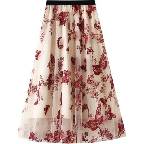Womens Long Tulle Skirt Casual High Elastic Waist Embroidery 3D Butterfly Midi Swing Skirt