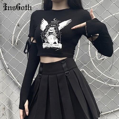 InsGoth Witch Print Black Bodycon Tops Women Gothic Harajuku Punk Patchwork Long Sleeve Slim T-shirts Fashion Autumn Female Top