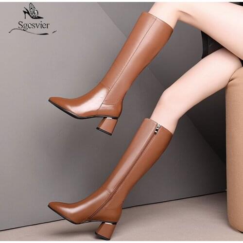 Sgesvier 2020 large size 33-45 winter keep warm knee high boots fashion pointed toe high heels shoes genuine leather women boots