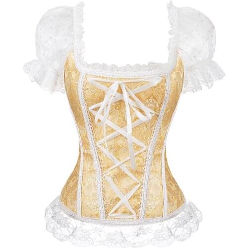 Womens Retro Renaissance Corset Princess Palace Clothing Transparent Shoulder Sleeves Lingerie Straps Lace Up Corset Top Bustier