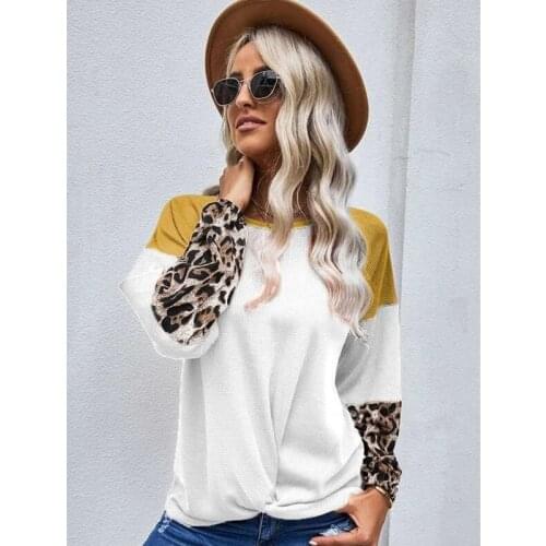 Womens Long-sleeved Round Neck Pullover Stitching Leopard Print Knitted Fashion Casual Items Tops Spring Autumn T-Shirts