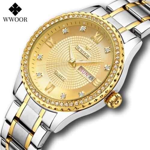 WWOOR New Luxury Diamond Men Watches Stainless Steel Gold Quartz Wristwatch Man Waterproof Automatic Week Date Relogio Masculino