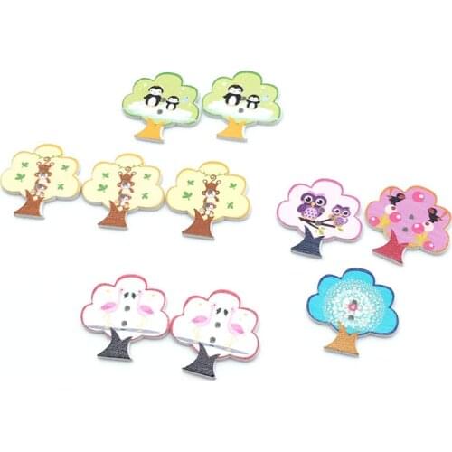 50 Pcs 28x28mm Tree Wooden Buttons ,2 Holes, for Kids, Scrapbooking Crafts Sewing 7NK222