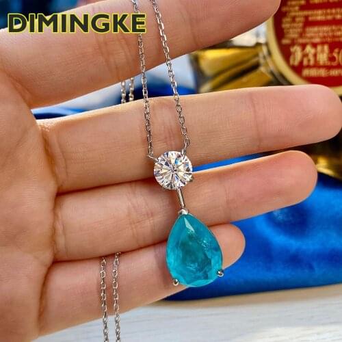 DIMINGKE Natural 12*16 Water Drop Paraiba Tourmaline Gemstone Necklace S925 Sterling Silver Jewelry Cocktail Party Birthday Gift