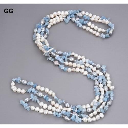 GG Jewelry 93" White Baroque Pearl Blue Aquamarine Necklace