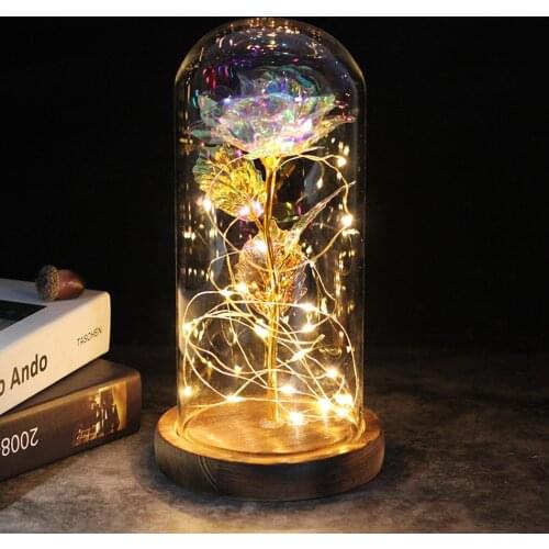Brown base with Beauty And The Beast Red Rose In A Glass Dome LED Fairy Flower Lights Wedding Party Valentines Day Gift For MOM