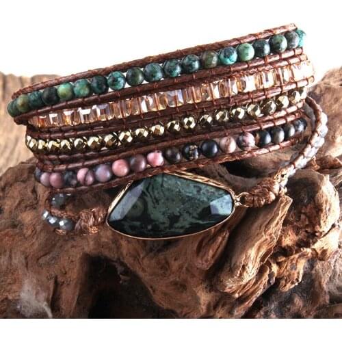 MD Fashion Boho Bracelet African Turqu Natural Stones Grass Green Charm 5 Strands Woven Wrap Bracelets Gift Dropshipping