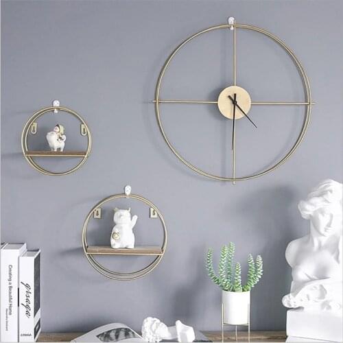 Metal Wall Shelf Clock Living Room Decor Organizer Storage Holders Kitchen Hanging Home Decoration Vintage Clock Large Watches