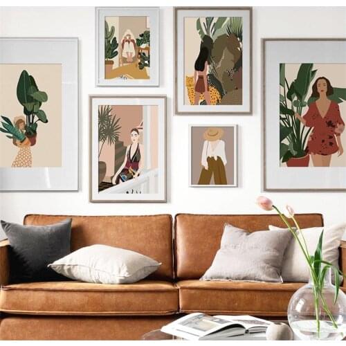 Fashion Abstract Vintage Girl Plant Leaf Wall Art Canvas Painting Nordic Posters And Prints Wall Pictures For Living Room Decor