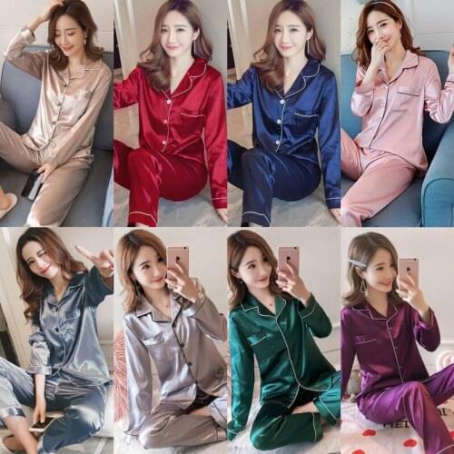 Party Pajamas 2021 Spring Autumn New Womens Silk Long Sleeve Pajamas Set Loose Plus Size Women Sleepwear Set Elastic Long Pants