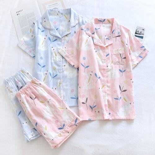 Pajamas Women Cotton Gauze Short-Sleeved Shorts Pajamas Two-Piece Cute Cartoon Summer Thin Plus Size Japanese Homewear Suit