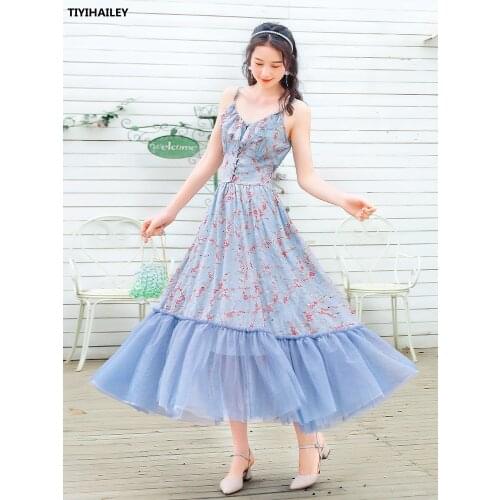 TIYIHAILEY Free Shipping 2021 New Boshow Summer High Waist Long Maxi S-L Chiffon And Mesh Patchwork Dress Sleeveless Print