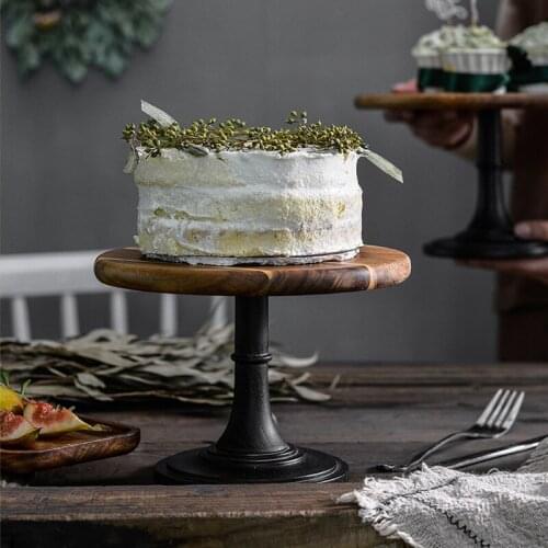 6/8/10inch Natural Acacia Wood Cake Stand Round Food Safe Wedding Cupcake Dessert Pedestal Display Stand with Black Base