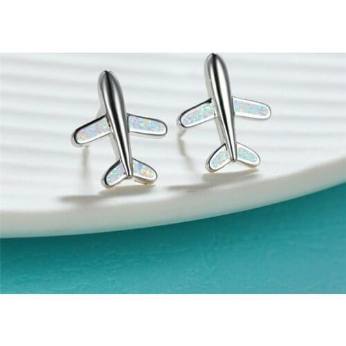 Trendy Female White Blue Opal Earrings Rose Gold Silver Color Wedding Earring Cute Aircraft Small Stud Earrings For Women