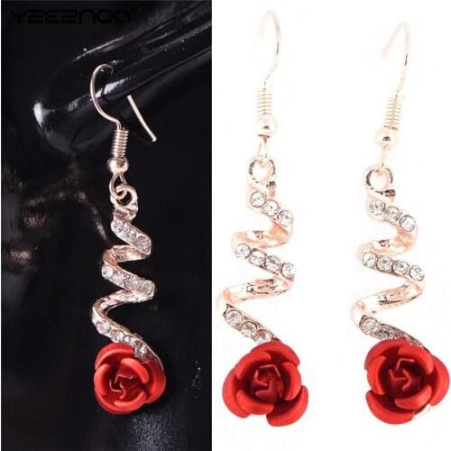 Drop Earring For Wedding/Party Bridal Earring Korea Fashion Lovely Temperament Crystal Red Rose Flower Women Dangle