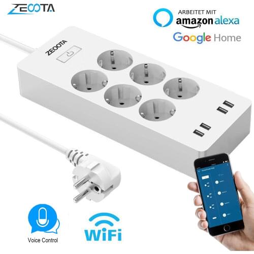 WiFi Smart Power Strip EU Surge Protector with 6 Way AC Socket 4 USB Port Home Control Switch Compatible Alexa Google Assistant