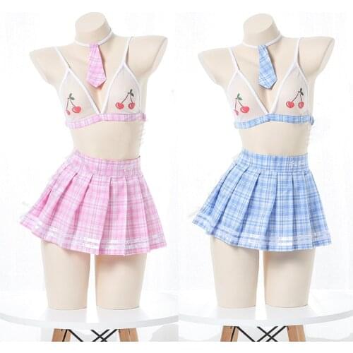 Cute Sexy Transparent Cherry Embroidery Bra Suit Japanese School Uniform Lolita Plaid Pleated Skirt Student Cosplay Lingerie Set