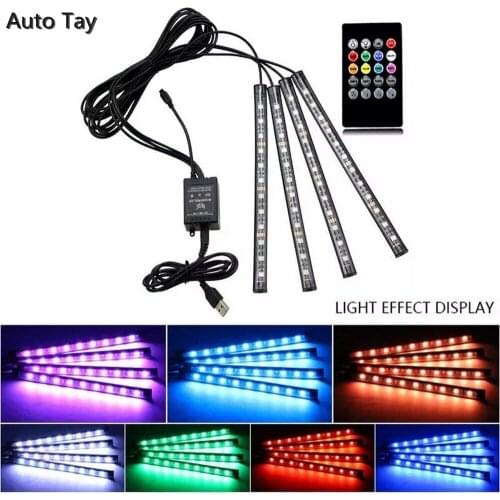 4pcs Car RGB LED Strip Light LED Strip Lights Colors Car Styling Decorative Atmosphere Lamps Car Interior Light with Remote 12V