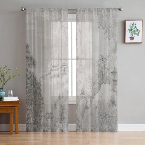 Indoor Tulle Curtains Ink Painting Landscape Girls Bedroom Exquisite Voile Curtain Living Room Kitchen Chiffon Fabric Curtains